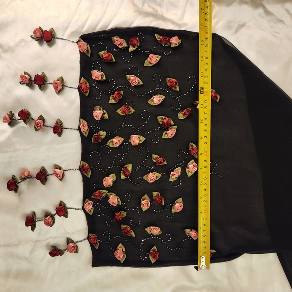 Vintage Womens Black Sheer Scarf/Shawl with Rosebuds & Fringe Accents 60" x 16" - Picture 4 of 10
